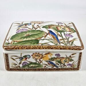 Vintage floral birds porcelain ceramic Trinket jewelry Box